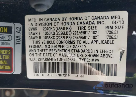 2013 Honda Cr-V Ex-L from USA, damaged, VIN 2HKRM4H71DH654681